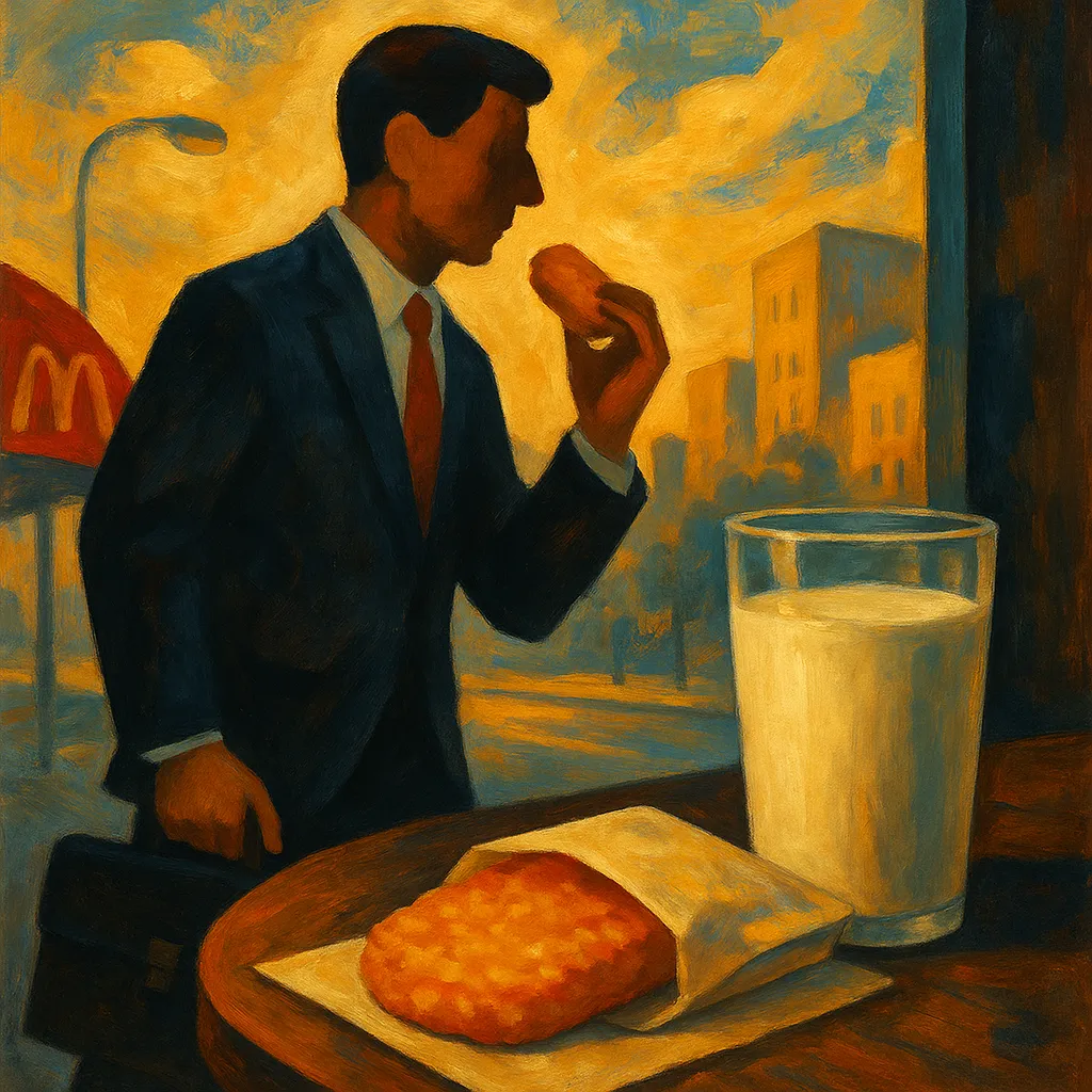 朝マックで元気補給：通勤前、ハッシュポテトとミルクの朝